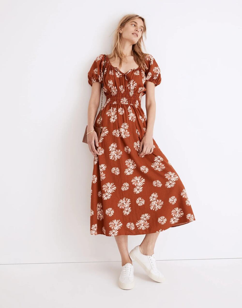 Madewell Linen Blend Sophia Midi Dress Rust Puff Sleeve Smocked Size S